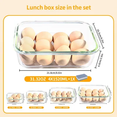 Productafbeelding van Bewaarboxen van borosilicaatglas - Glazen containers met deksel - 4 stuks van 1520 ml - Luchtdicht - Stapelbaar - Vrij van BPA