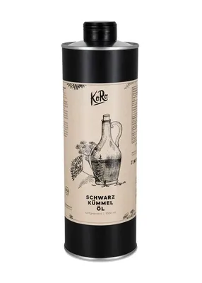 A tall, black cylindrical bottle of oil with a label featuring a drawing of a jug and plants.