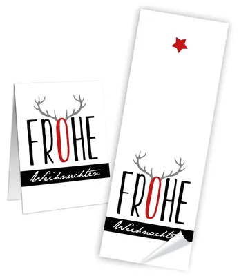 Produktbild von Logbuch-Verlag 10 weiße Aufkleber Sticker FROHE WEIHNACHTEN Rentier Hirsch rot schwarz 5 x 14,8 cm Verpackung Geschenke Papiertüten weihnachtlich10 Stück