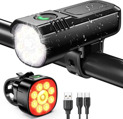 Productafbeelding van Super Helder Fietsverlichting Voor En Achter, Stevige Fietsverlichting Van Aluminiumlegering, 8+7 Standen & USB Oplaadbare Fietsverlichtingsset