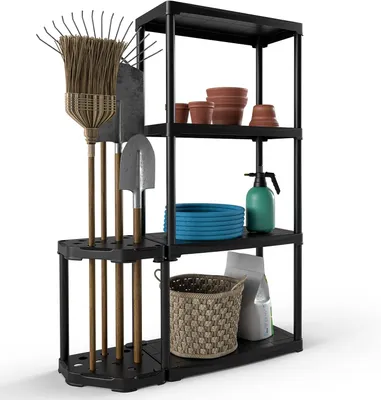 A black four-tier shelving unit with various garden tools and supplies.