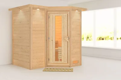 Produktbild von Karibu Sauna Innensauna Sahib 1 Eckeinstieg ohne Zubehör 221x198x214 cm mit Dachkranz  mit Energiespartür