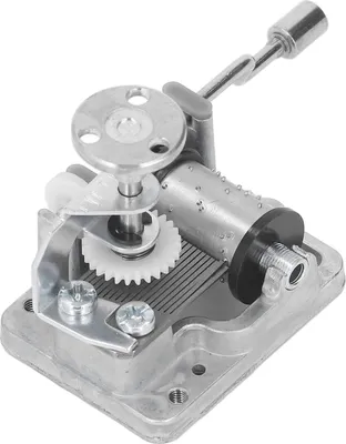 A close-up, studio shot of a music box mechanism.