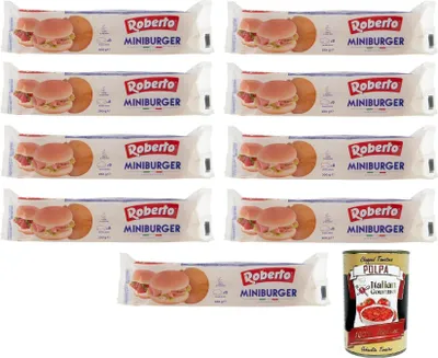 Produktbild von 9x Roberto Miniburger Brot,Packung mit 200g, Jede Packung enthält 8 Miniburger + Italian Gourmet Polpa di Pomodoro 400g Dose