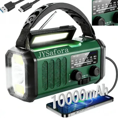 Immagine prodotto di Radio meteorologico di emergenza - Radio portatile AM/FM - Batteria da 10000 mAh - Ricarica solare - Manovella - Allarme SOS - Torcia e luce da lettura - Verde