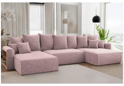 Produktbild von MEBLINI Schlafcouch mit Bettkasten - 350x160x78cm - Altrosa Cordstoff - NAPLES - Ecksofa mit Schlaffunktion - Sofa mit Relaxfunktion und Kopfstützen - Couch U-Form - Eckcouch - Wohnlandschaft
