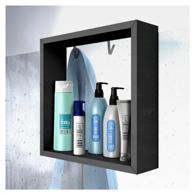 Produktbild von Duschablage zum Hängen, ohne Bohren, Innovatives Rahmendesign, Kompatibel mit allen Duschwänden, Duschregal für Shampoo und Duschgel, Haken für Handtücher, Schwarz