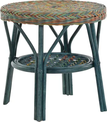 A rattan side table with a woven top and a lower shelf.