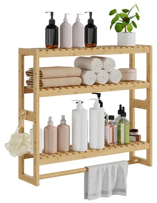 3-lagige Bambus-Badkamerplank, verstellbar, mit Stange, beige