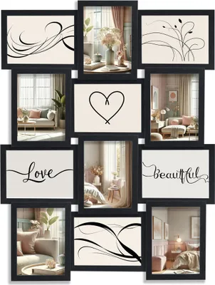 A collage of a multi-photo frame with various interior scenes and text graphics.
