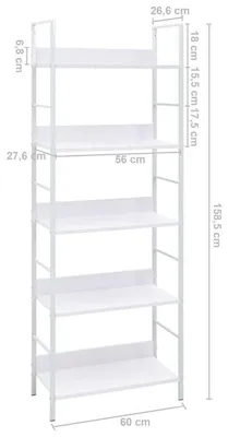 Obrázek produktu pro Bílá knihovna s 5 policemi, materiál: dřevotříska a ocel, rozměry: 60 x 27,6 x 158,5 cm