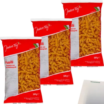 Produktbild von Jeden Tag Fusilli Hartweizen-Nudeln 3er Pack (3x500g Packung) + usy Block