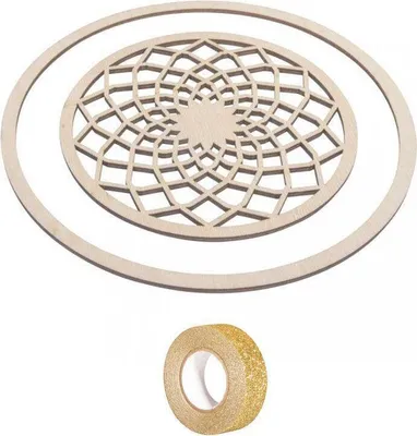 Obrázek produktu pro Dřevěné desky pro výrobu lapačů snů, průměr 13 cm + kovový kroužek, průměr 18 cm + zlatá třpytivá stuha, délka 5 metrů
