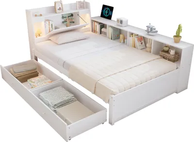 A white storage bed with drawers and shelves, shown from a slightly elevated angle.
