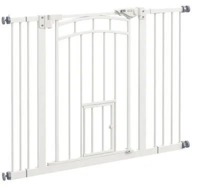 Produktbild von Weiss 100 x 4 x 76 cm Hundegitter Treppenschutzgitter Bohrfrei Mit Katzenklappe Automatisch Schliessend