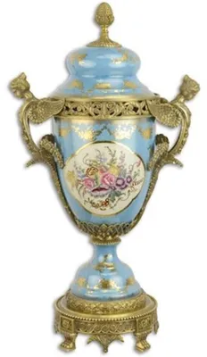 Immagine prodotto di Casa Padrino Vaso barocco in porcellana con coperchio azzurro / multicolore / ottone 36 x 21,4 x h. 65,3 cm - Magnifico vaso decorativo per fiori - Accessori decorativi in stile barocco