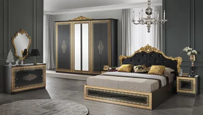 Produktbild von Barock Schlafzimmer Giulia in Schwarz/Gold Hochglanz 6-Teilig 160 x 200 cm