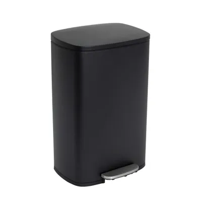A black pedal trash can is shown against a white background.