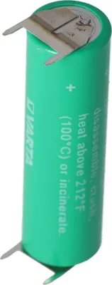 A close-up of a Varta battery with printed text and metal terminals.