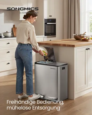 Produktbild von Abfalleimer 2 Fächer, Mülleimer 2 x 30 L, Tretmülleimer Softclose-Deckel, Küche, herausnehmbare Inneneimer, silbern