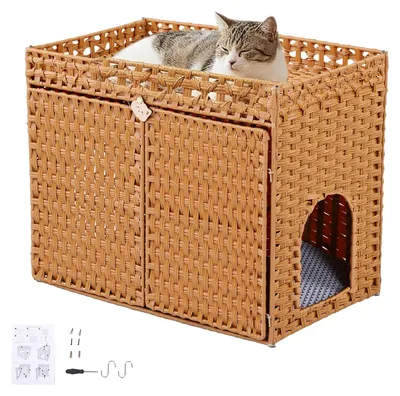 Produktbild von Katzentoilette-Gehäuse, handgeflochtenes Rattan-Katzenhaus mit versteckter Streumatte und geruchsbindendem Zaun, groß, 77 x 46,5 x 62 cm