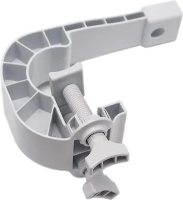 A white plastic clamp with a threaded screw.