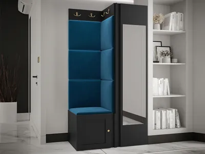 Produktbild von MIRJAN24 Garderoben-Set Orion Ramiro XXVI, Kleiderschrank, Schuhschrank, Kleiderhakenbrett, 7x Paneel 42x42, Spiegel, 6 Kleiderhaken, Metallgriffe (Farbe: Schwarz, Manila 26)