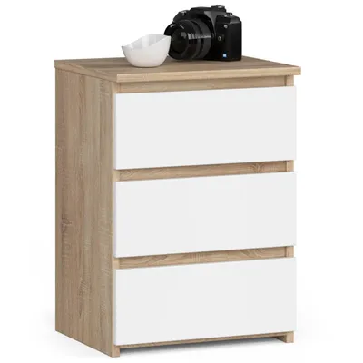 Image de Commode moderne en chêne sonoma et blanc avec 3 tiroirs pour chambre à coucher et chambre d'enfant