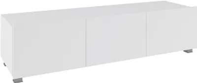 A white TV cabinet with three doors and silver legs, shown from a slightly elevated side angle against a white background.