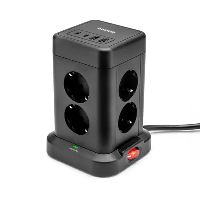 Zdjęcie produktu dla Huslog przedłużacz pionowy z USB HUS1004 wieża 8 gniazd 2x USB 2x USB-C czarny 1,4 m