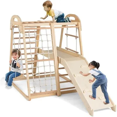 Productafbeelding van Klimstructuur voor binnen, 8-in-1: apenstang, schommel, klimnet, klimladder, klimtouw, klimrots, glijbaan en platform. Houten speelplaats voor kinderen vanaf 1 jaar (natuurlijk materiaal)