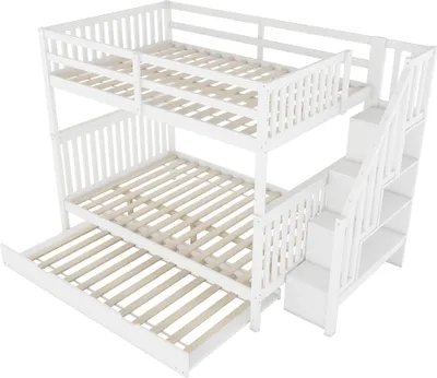 Produktbild von okwish Etagenbett Hochbett 140x200 cm mit Rausfallschutz, Kinderbett Stockbett mit ausziehbares Bett 90x190 cm und 3x Lattenrost(Ohne Matratze)- Weiß