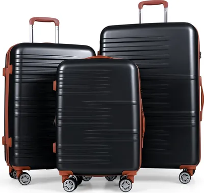 Image de COSTWAY Set de valises 3 pièces 20/24/28 pouces, set de valises de voyage à coque dure avec serrure TSA, poignée de traction télescopique & 4 roulettes, bagage à main extensible noir