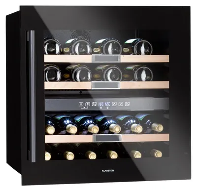 A black wine cooler with a glass door, showing multiple shelves filled with wine bottles.