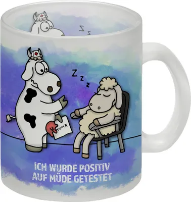 Produktbild von Ich wurde positiv auf müde getestet Glas Tasse mit Kuh und Schaf Motiv