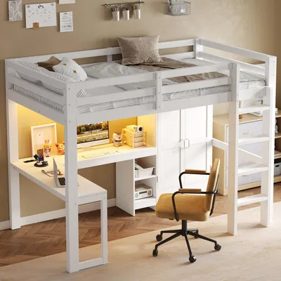 Imagen del producto de Cama nido de 90x200 cm con escalera y escritorio, cama alta con armario y estanterías, cama infantil con puerto USB y luces LED, color blanco, madera