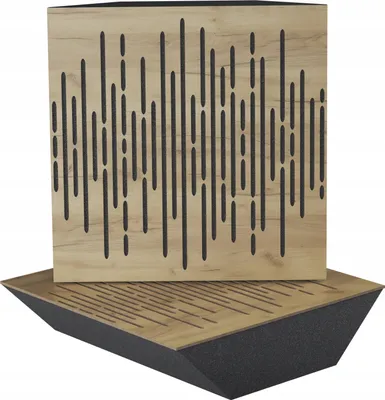 Two acoustic bass traps for a recording studio, one standing upright and the other angled on the floor.
