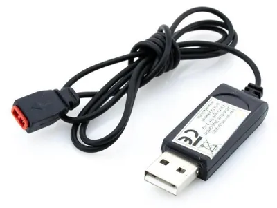 A black USB charging cable with a red connector is shown against a white background.