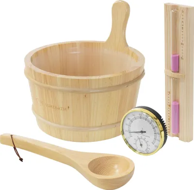 Obrázok produktu pre LuxeBath Sada príslušenstva do sauny z borovicového dreva, 4-dielna sada do sauny, vedro na polievanie, lopatka, teplomer-vlhkomer a 15-minútové presýpacie hodiny, vedro do sauny 4,5 l, príslušenstvo do sauny