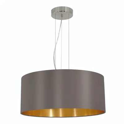A pendant light with a gray drum shade and a gold interior, suspended by thin wires from a circular ceiling mount.