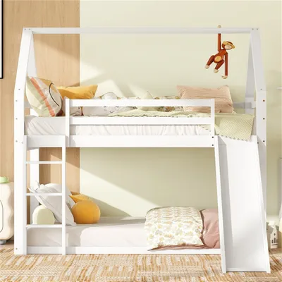 Produktbild von Etagenbett Einzelbett Kinderbett Hausbett Etagenbett mit Rutsche, und Leiter, Weiß, 90x200cm