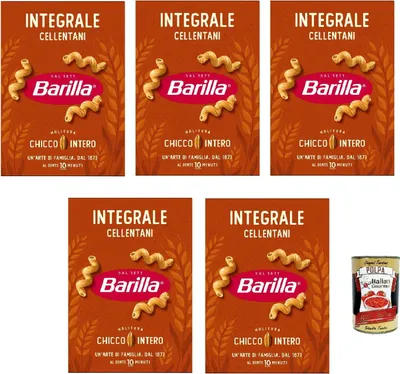 Produktbild von Barilla Integrale Cellentani Vollkorn-Pasta 5 x 500 g, 100% Vollkorn-Hartweizen, ballaststoffreich, vegan Spiralnudeln mit perfekter Soßenbindung, al dente in 10 Minuten + Italian Gourmet polpa 400g