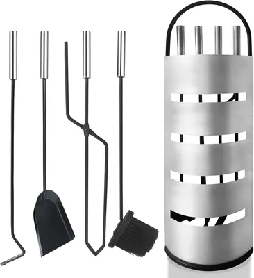 Produktbild von ROSEJANE Kaminbesteck 5-teilig aus Edelstahl, Kamingarnitur mit Ständer, Schürhaken, Kaminzange, Ascheschaufel und Kaminbesen, hitzebeständiges Ofenzubehör, Silber