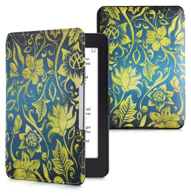 Produktbild von kwmobile Schutzhülle für Amazon Kindle Paperwhite Hülle - eReader Flip Case mit Auto Sleep Funktion - Vintage Blumen mit Gelb Blau Dunkelblau