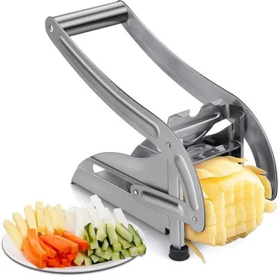 Productafbeelding van Ibenzoa® roestvrijstalen aardappelsnijder met 2 snijbladen, een verlengd, ergonomisch handvat en een antislip zuignap – voor perfecte frietjes en groenten