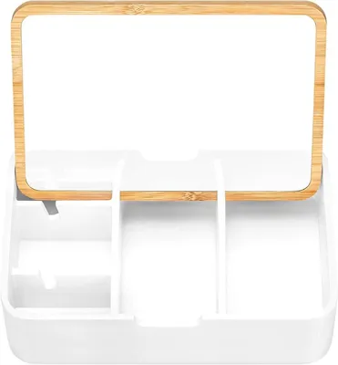 Weiße Schmuckschatulle mit Spiegel und Bambusdeckel - 5 Fächer