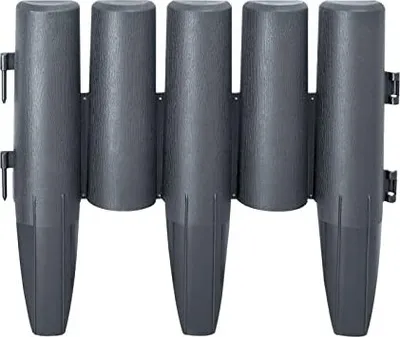 A set of five dark gray plastic garden edging pieces, each with a pointed stake at the bottom for insertion into the ground. The pieces are connected by hinges.