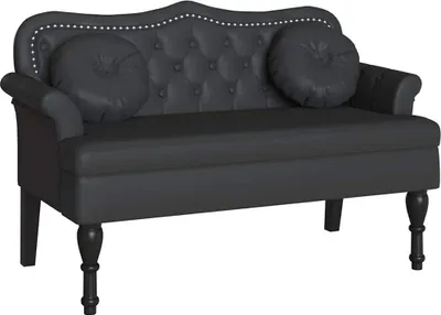 A black Chesterfield bench with tufted back and round cushions on the arms, shown from the front.