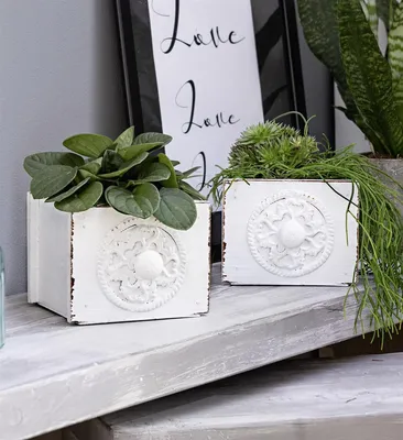 Produktbild von 2x Pflanzkasten "Schublade" weiß, im Shabby Look, Übertopf, Blumenkasten für Drinnen, Pflanzgefäß