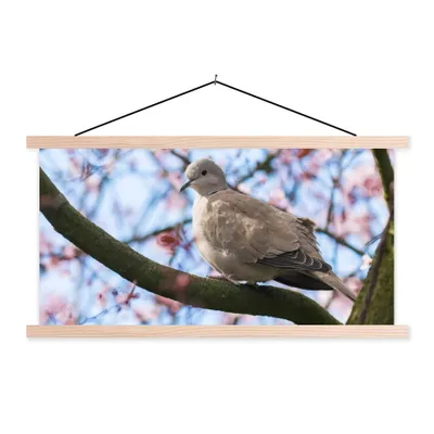 Produktbild von MuchoWow® Textilposter Vogel - Blumen - Taube - Blütenzweige - Rosa 60x30 cm mit holzfarbenen Rahmen - Dekoration